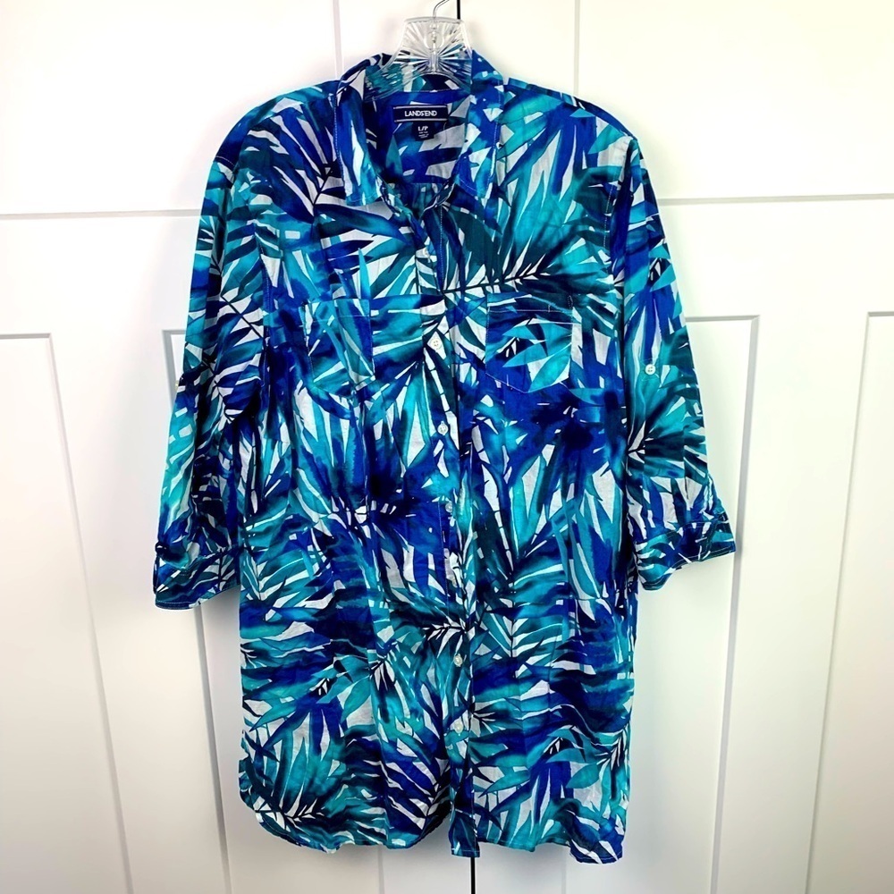 Lands End Size Large Petite Blue Palm Button Front Tunic Dress Beach Swim Cover